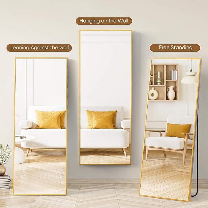 OLIXIS Full Length Mirror 71"x26" for Bedroom, Full Body Mirror with Stand, Hanging or Leaning for Wall, Aluminum Alloy Thin Frame Floor Standing for Living Room, Long, Classical Gold