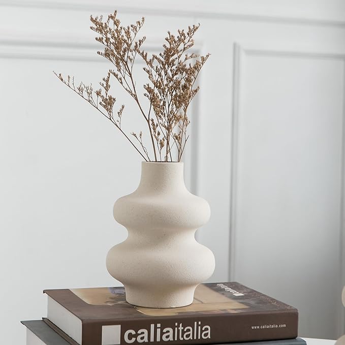 Ceramic Vase Set of 2, Off White Boho Vase for Modern Home Decor, Round Vases for Dried Flower, Pampas Grass, Pottery Vases for Office Centerpieces Wedding Dinner Table