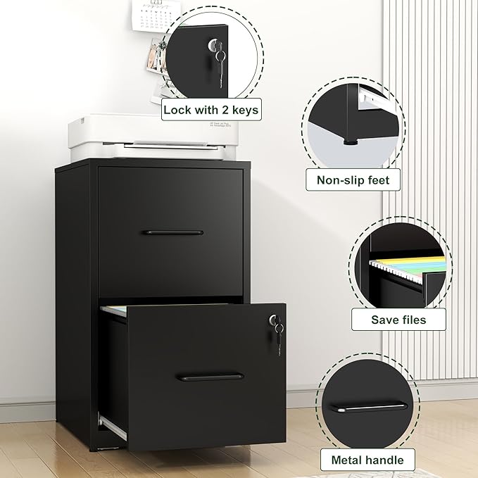 File Cabinet, Vertical File Cabinets with Lock for Home Office,Heavy Duty Office Steel Filing Cabinet for Hanging Letters/Legal/A4, Assembly Required (Black, 2 Drawers-Small)