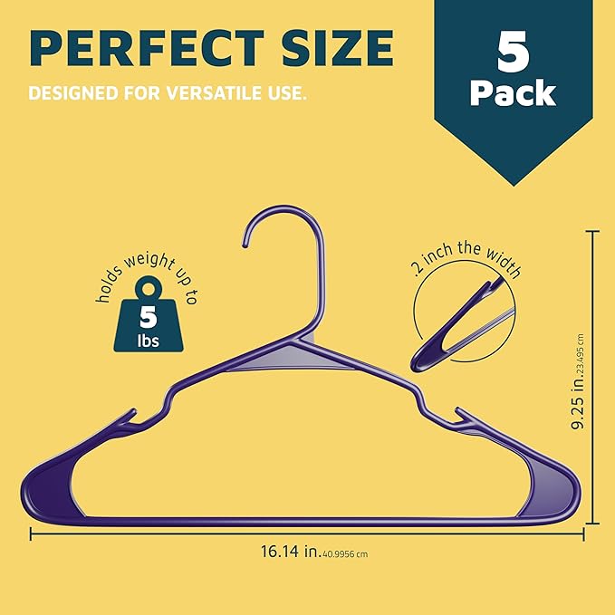 Plastic Clothes Hangers – Heavy Duty Hanger Set, for Organizing Clothes, Dresses, and Coat, Holds Up to 5 lbs, Space-Saving Hangers with Non-Slip Shoulder Grooves, Pack of 5, Purple