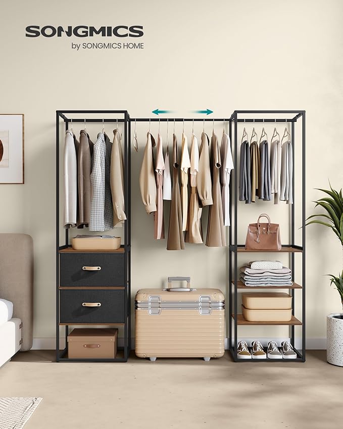 SONGMICS Clothes Rack, 70.9 Inch Wardrobe Freestanding Closet, Heavy Duty Garment Rack with 1 Extendable Hanging Rod, 2 Drawers and 4 Shelves, for Bedroom, Space-Saving, Rustic Brown URGR003B01