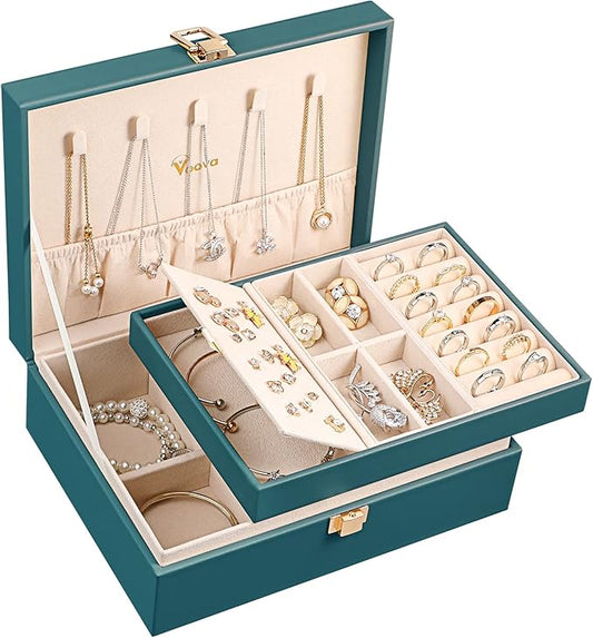 Voova Jewelry Box Organizer for Women Girls, 2 Layer Large Men Jewelry Storage Case, PU Leather Display Jewellery Holder with Removable Tray for Necklace Earrings Rings Bracelets, Indigo