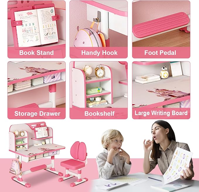 Kids Study Desk and Chair Set, Height Adjustable Kids Table and Chairs, Desk for Bedroom, Children School Study Writing Tables with Large Writing Board, Ideal Gifts for Boys Girls 8-12