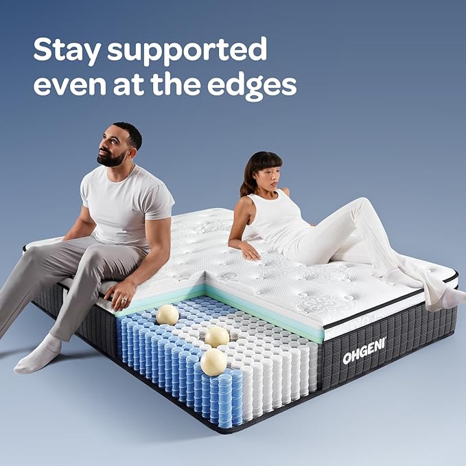 OhGeni 10 Inch Cooling Queen Size Mattress, Hybrid Gel-Infused Memory Foam Bed Mattresses in a Box, Medium Feel Cool Top Fabric, Individual Pocket Innerspring, 3-Zone Design & Reinforced Edge Support