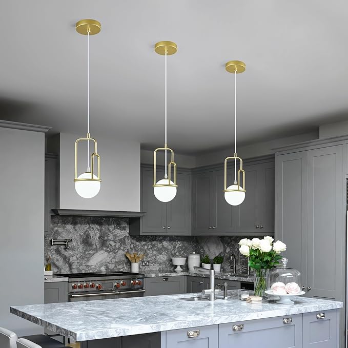5 Inch Modern Gold Pendant Light Globe Pendant Light Fixture Mid Century Pendant Lighting for Kitchen Island Dining Room Living Room Bedroom(3 Pack)