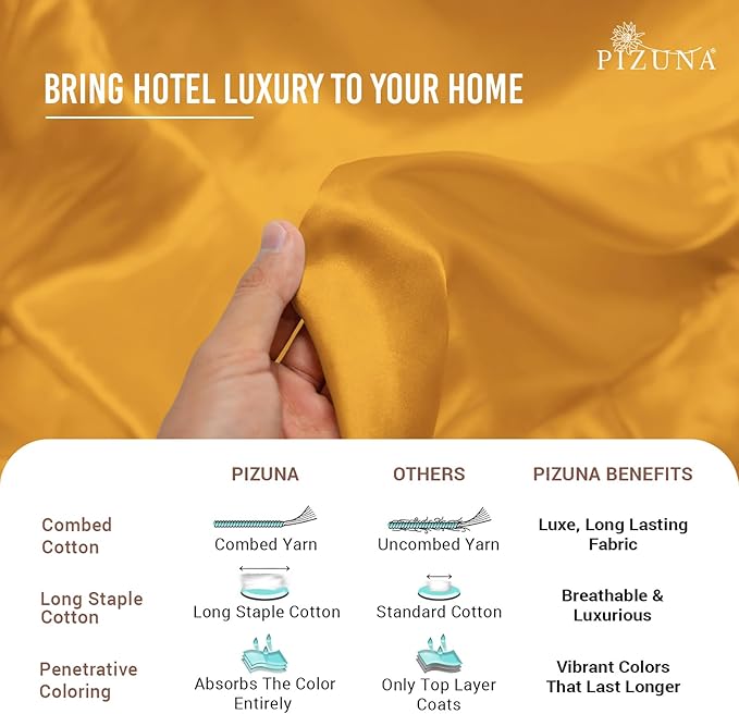 Pizuna Pure 100% Cotton Twin Duvet Cover Set, Luxurious 400 Thread Count Long Staple Cotton Sateen Weave with Button Closure (Combed Honey Gold Cotton Duvet Cover Twin)
