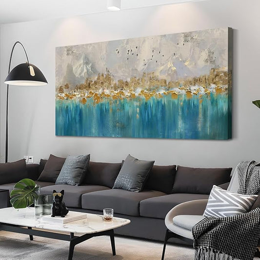 Arjun Teal Gold Abstract Wall Art Blue Turquoise Hand Painted Textured Painting Canvas Modern Grey Artwork Wooden Framed Large Size for Living Room Bedroom Bathroom Home Office Wall Decor, 40"x20"