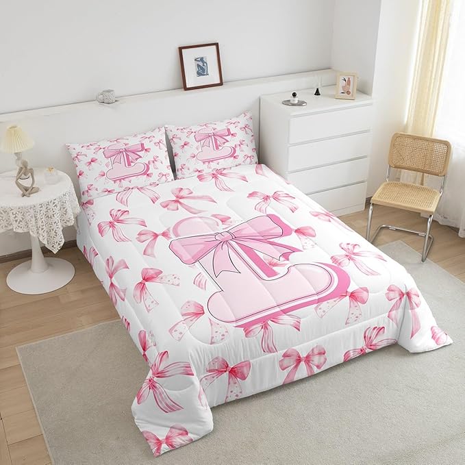 jejeloiu Kids Girls Cute Pink Bow Comforter Set Toddler Size Personalized Initial L Bedding Set Ultra Soft Monogrammed Duvet Quilt Coquette Bow Knot Quilt Set Room Decor Modern Fashion Comforter