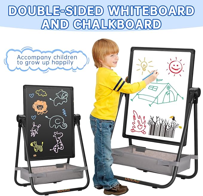 Easel for Kids, Adjustable Standing Toddler Easel Magnetic Whiteboard & Chalkboard with 27inch-44inch Height, Double Sided 360°Rotating Kids Art Easel for Toddlers for Boys and Girls 3+