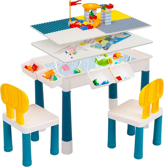 Sandinrayli 7 - in - 1 Kids Activity Table Set with 2 Chairs & 100Pcs Blocks | Water/Sand Play Table for Toddler Age 3-6 (Macaron)