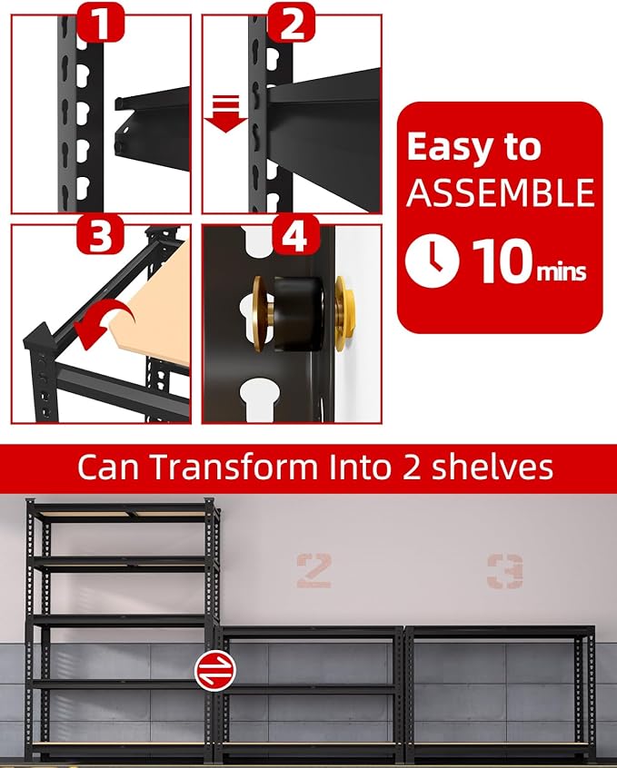 PrimeZone 36" x 16" x 72" Heavy Duty Storage Shelves - 5 Tier Adjustable Garage Storage Shelving, Metal Storage Utility Rack Shelf Unit for Warehouse Pantry Closet Kitchen, Black, 4 Pack