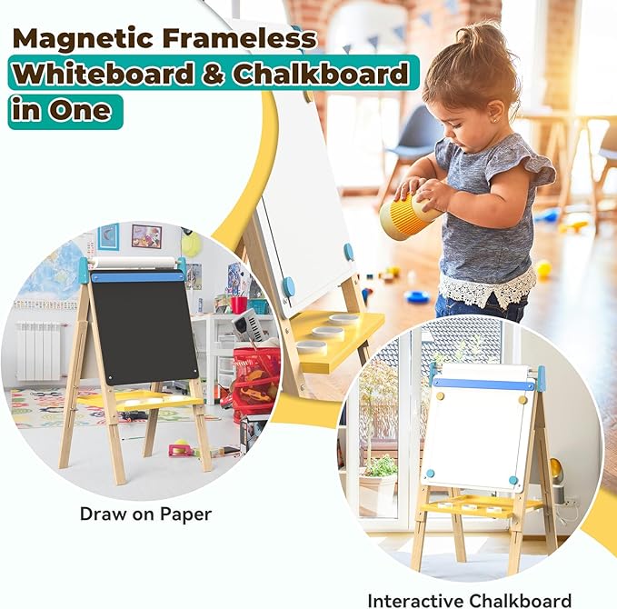 Art Easel for Kids 12 in 1 with Chalkboard & Magnetic Whiteboard - Height Adjustable, Frameless Design, Includes Paints, Brushes, Markers, Chalk, Eraser, Magnetic Letters, Paper Roll, and Storage Tray