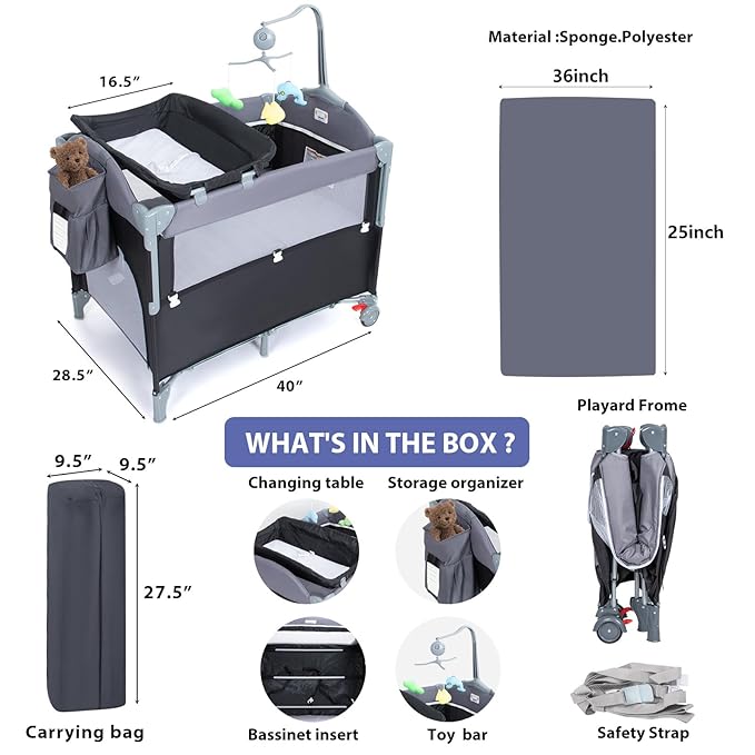 5-in-1 Baby Bassinet Bedside Crib, Pack and Play Long Next to Parents Bed Crib with Toys & Music Box, Mattress, Foldable Playard, Playpen Travel Bed Nursery Center for Girl Boy Infant Newborn
