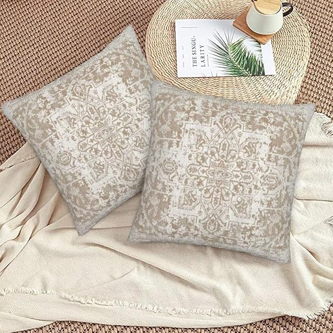 Boho Pillow Covers 16x16 Set of 2, Brown Beige Carpet Pattern Outdoor Decorative Throw Pillows Ethnic Rustic Farmhouse Cushion Cases Linen Gifts for Couch Sofa Decor