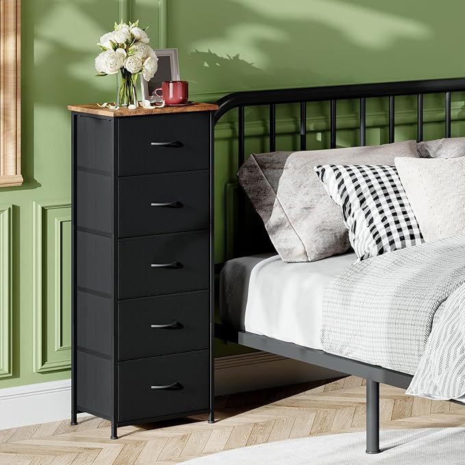 Somdot Tall Dresser for Bedroom with 5 Drawers, Storage Organizer Chest of Drawers with Removable Fabric Bins for Closet Bedside Nursery Laundry Living Room Entryway Hallway, Black Rustic Brown