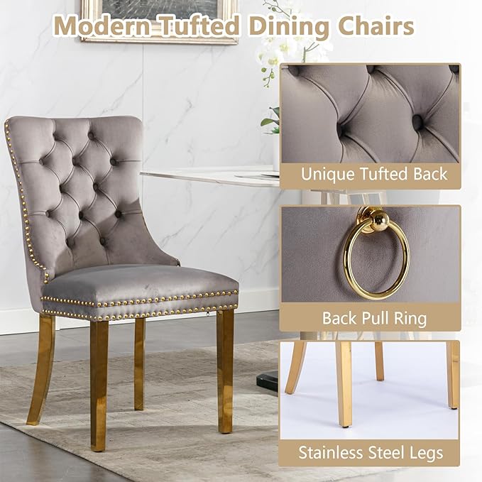Goujxcy Modern 7 Piece Glass Dining Table Set Luxury Glass Kitchen Table and Chair Set for 6, 70" Large Rectangular Dining Room Table with 6 Tufted Chairs and Stainless Steel Legs (Gold & Grey)