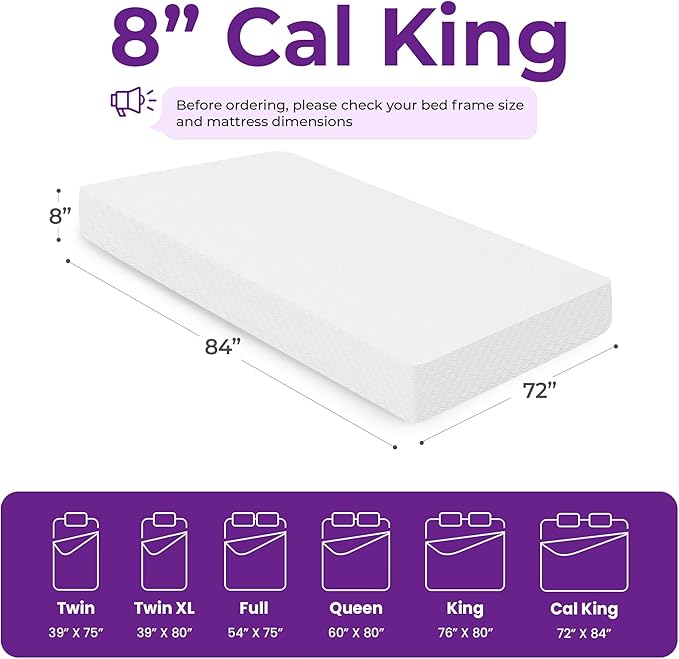 GAESTE 8 Inch Cal King Cooling Gel Memory Foam Mattress for Cool Sleep Medium Firm CertiPUR-US Certified Foam, Mattress in a Box Pressure Relief Removable Cover No Fiberglass (California King, 8 in)