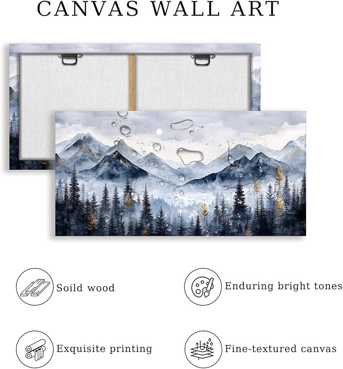 SERIMINO Mountain Landscape Large Wall Art, Misty Forest Canvas Prints, Blue Gold Watercolor Pine Tree Paintings Wall Decor Living Room Bedroom, Natural Scenery Office Decor Pictures 30"X60"