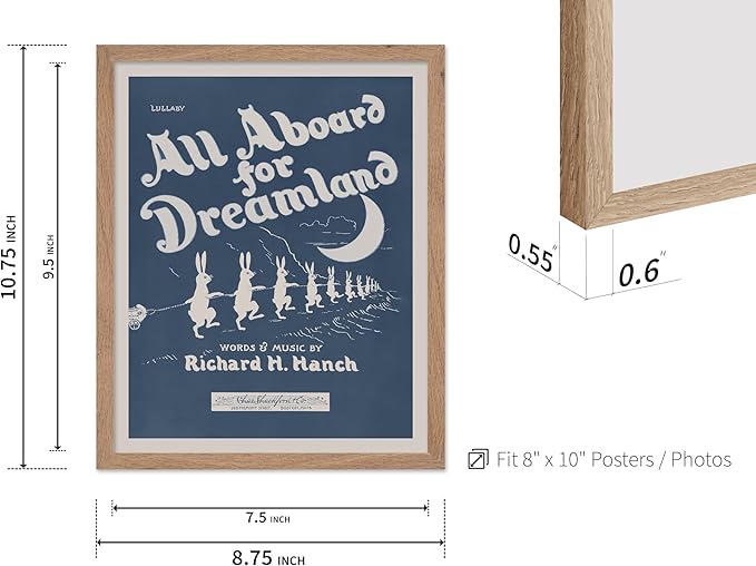 Poster Master All Aboard For Dreamland Poster - Retro Children's Lullaby Print - Story Book Art - Bunny Art - Rabbit Art - Aesthetic Art - Kid's Bedroom or Nursery Wall Decor, 8x10 Beige Framed