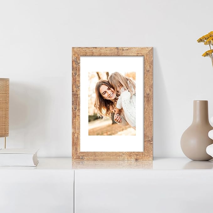 8x12 Picture Frame Set of 4 with High Definition Real Glass, Display 6x8 Pictures with Mat or 8 x 12 Without Mat, Rustic Brown Photo Frames for Tabletop and Wall Mounting
