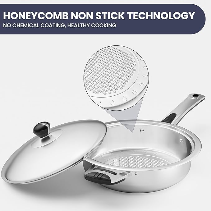 Stainless Steel Cookware Set, 12-Piece Nonstick Stainless Steel Pan Set, D5-Ply Base for Even Heating, Dishwasher Safe, Vented Glass Lids, Heavy-Duty, Especially for Home & Beginner Cooking