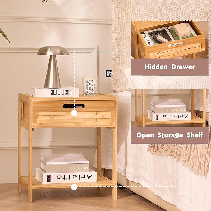 Bamboo Night Stand Bedside Table- Bed Side Table with Drawers, Small Nightstand for Bedroom, Dorm, Sofa, Easy Assembly, Rustic Bedside Tables Multi Small Space Furniture