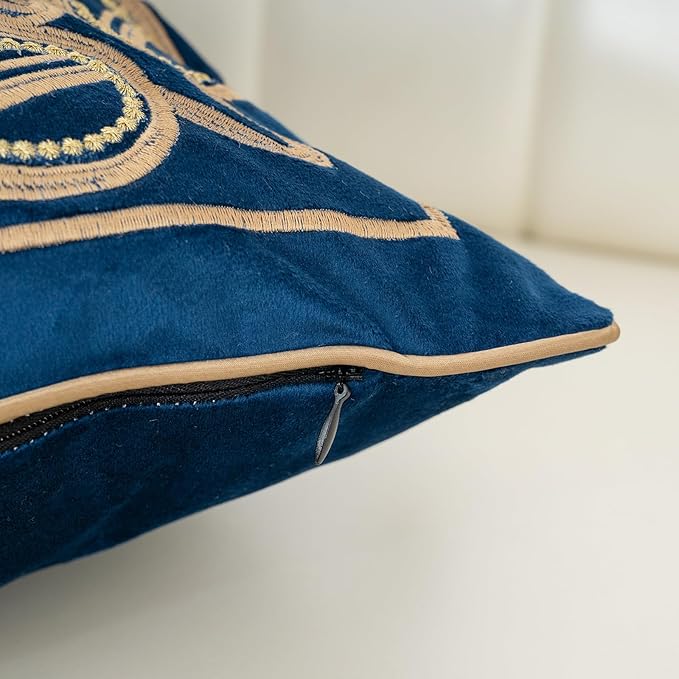 Aeckself European Floral Pillow Cover 24x24 Inch, Large Luxury Velvet Embroidered Decorative Throw Pillow Cover for Couch Bedroom Living Room, Navy Blue and Gold, Yw-OBYG-Blue6060