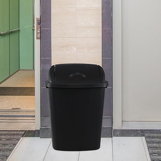 Begale 10 Gallon Plastic Swing Top Waste Container for Home Kitchen, Rectangular Trash Bin with Swing Lid, Black, Pack of 4