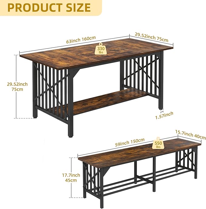 DWVO 3-Piece Dining Table Set for 4-6 People, 63" Dining Room Table with 2 Benches, Industrial Rectangular Dining Room Table Set with Storage for Kitchen, Dining Room, Rustic Brown