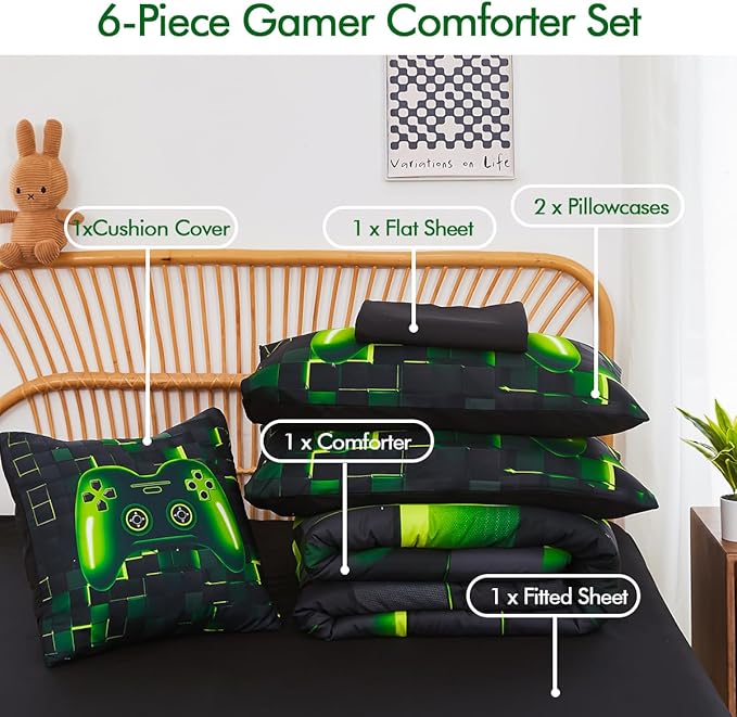 PERFEMET 6 Pcs Full Size Gamer Comforter Set Boys Green Game Console Bedding Set for Kids Teen 3D Black Video Gaming Pattern Bed in A Bag for All Seasons(Green, Full)