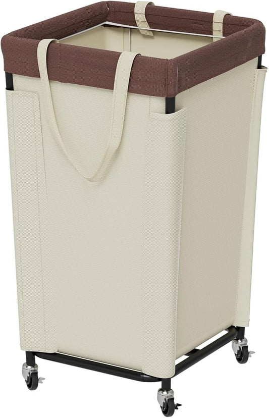 Laundry Basket with Wheels, Laundry Hamper with Removable Bag and Steel Frame, 160L Rolling Dirty Clothes Basket for Bedroom, Bathroom, Laundry Room (White-Brown)