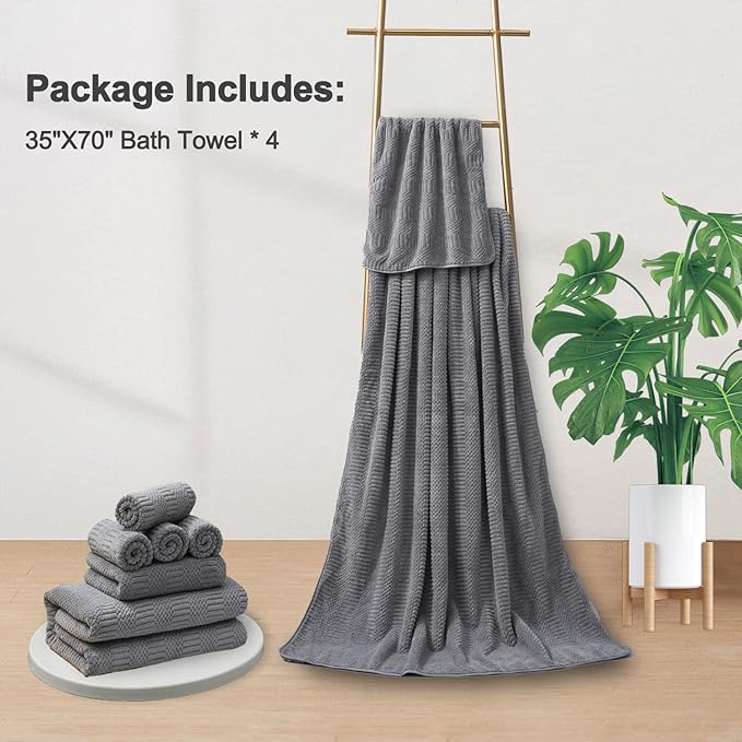 4 Piece Oversized Bath Towels Set 35x70 Inches, Gray Extra Large Soft Bath Sheet Chair Towels 600 GSM Highly Absorbent Quick Dry Towels Set for Bathroom Hotel Spa