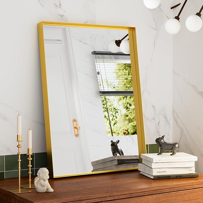 48x30 Inch Gold Bathroom Mirrors for Over Sink, Rectangle Vanity Mirror, Metal Framed Mirrors for Wall, Tempered Glass, Anti-Rust,Wall Mounted Horizontal/Vertical