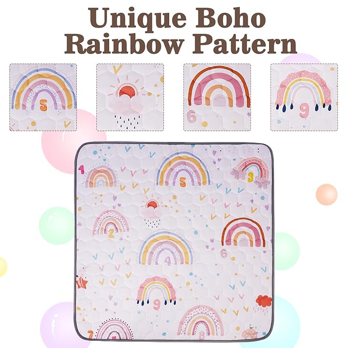 Baby Play Mat 50x50, Premium Baby Mat for Floor, Odorless Baby Mat, Soft Baby Playmat for Infants, Non-Slip Baby Play Mat for Playing, Machine Washable Baby Crawling Mat (Boho Rainbow)