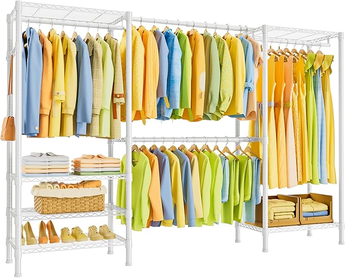 SEMHOR E06 Expandable Heavy Duty Clothes Rack for Reach-in Closet, Freestanding Clothing Racks with Shelves, Carbon Steel Closet Organizer System Adjustable from 70.8-93.9", Max Load 800LBS, White