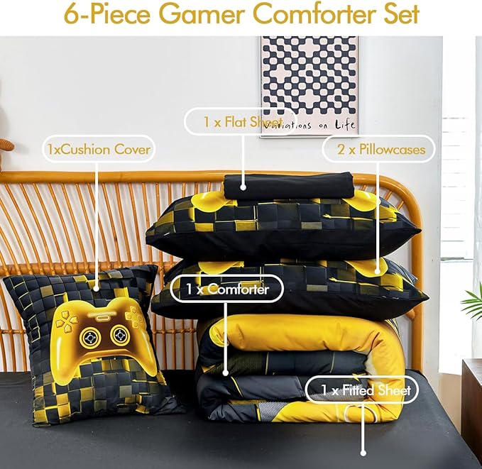 PERFEMET 6 Pieces Queen Bed in A Bag Gamer Black and Gold Boys Comforter Set with Sheets Soft Fluffy 3D Cool Video Game Kids Bedding Set for Teen Girls(Gold, Queen)