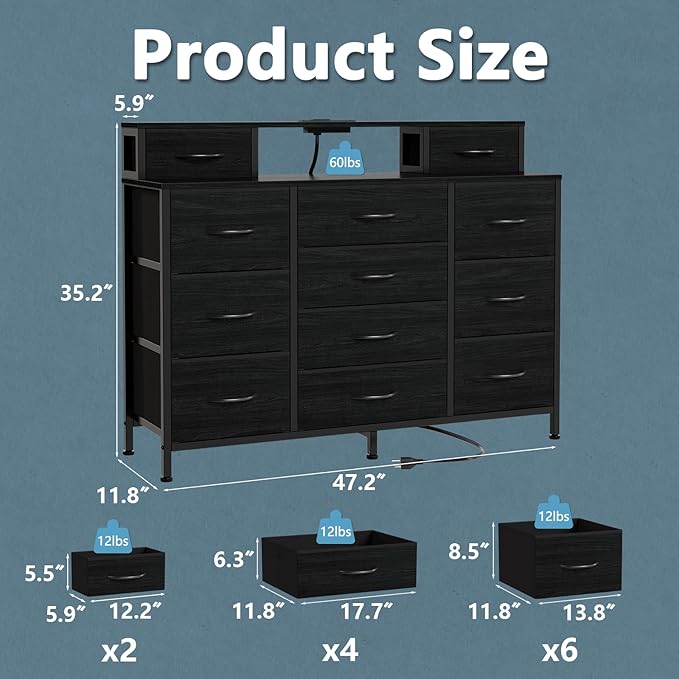 Furnulem Black Dresser for Bedroom with LED Lights & Charging Station,47"W Dressers in Closet,Long Chest with 12 Storage Drawers,TV Stand Fabric Furniture for Hallway,2-Tier Shelf Wood Top,Metal Frame
