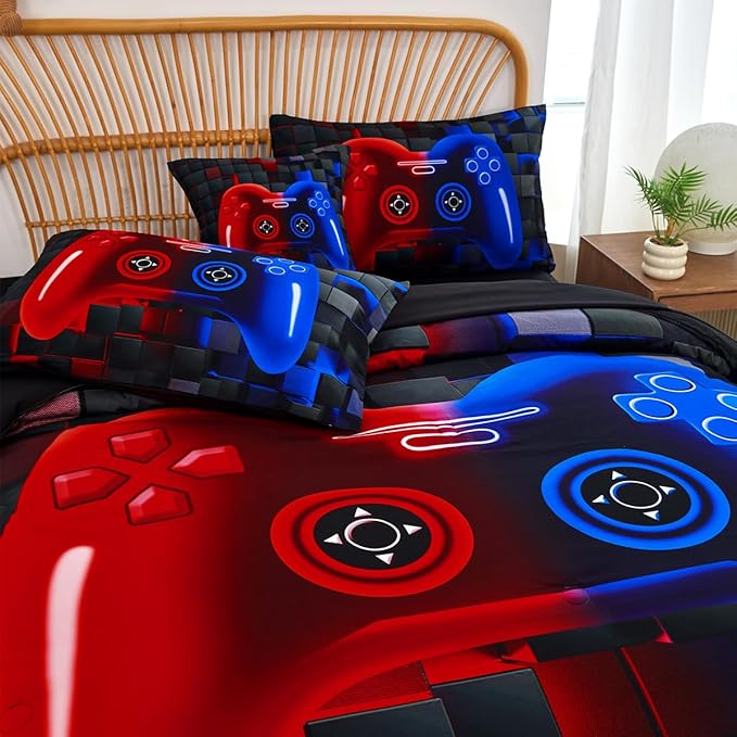 PERFEMET 6 Pieces Kids Comforter Sets Twin Size Red and Blue Game Console Bedding Set for Boys Girls Soft Fluffy 3D Cool Teen Gamer Bed in A Bag for All Seasons(Red Blue, Twin)