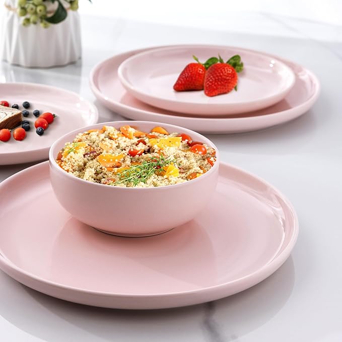 AmorArc Ceramic Dinnerware Sets for 4, Pocelain Plates and Bowls Sets, Scratch Resistant Dishes Set, Dishwasher & Microwave & Oven Safe,Pink-12 pcs