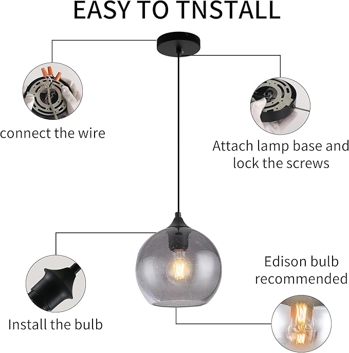 Gray Glass Pendant Lights Kitchen Island Lighting Globe Pendant Light Fixtures Modern Pendant Lighting for Kitchen Island Bedroom Living Dining Room Light Fixture-7.8in,2Pack