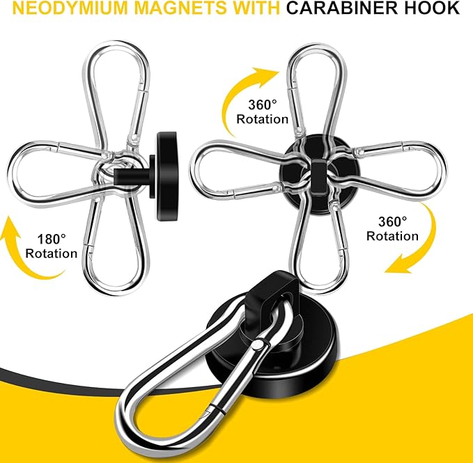 DIYMAG Black Magnetic Hooks, 110LBS Heavy Duty Neodymium Magnetic Hooks with Swivel Carabiner Hook,Great for Your Refrigerator and Other Magnetic Surfaces, Pack of 15
