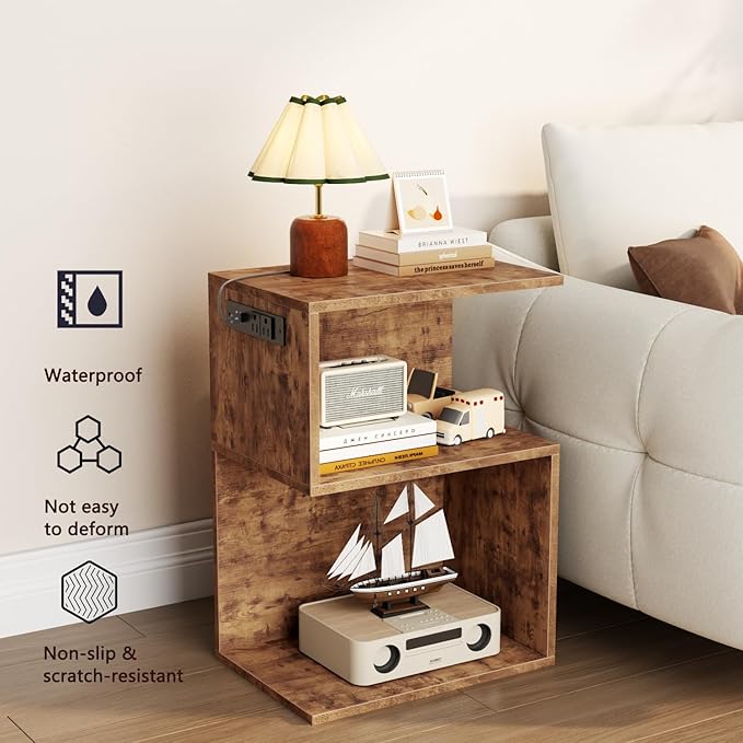 Furologee Nightstand with Charging Station and Drawer, 3 Tier End Table with Open Shelf, Wood S Shaped Bedside Table with Storage for Living Room/Bedroom/Small Space, Rustic Brown