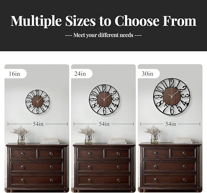 24 inch Large Wall Clock for Living Room Decor, Decorative Wood Metal Wall Clock Battery Operated Silent Non Ticking, Modern Black Round Big Clocks for Bedroom, Kitchen, Office Decor-Arabic Numerals