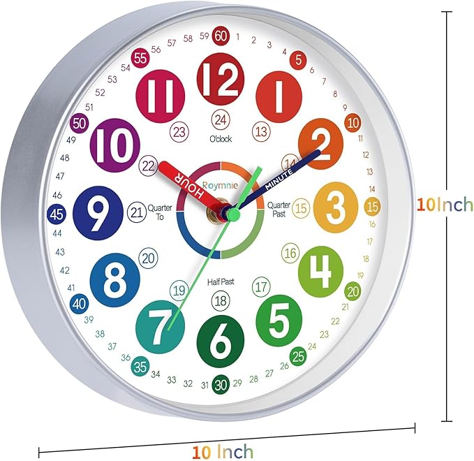 Learning Clock for Kids 10 Inch Learning to Tell Time Easily Colorful Teaching Time Clock Silent Non Ticking Battery Operated Decorative for Kids Room Classroom School Bedroom