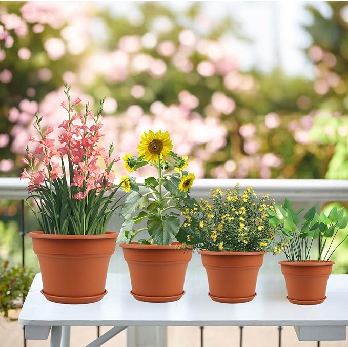 16 inch Plastic-Flower-Pot-for-Indoor-Plants, 4 Pack Large Outdoor Planter Pot with Drainage Holes & Saucers, Resin Decorative Garden Pots Planters