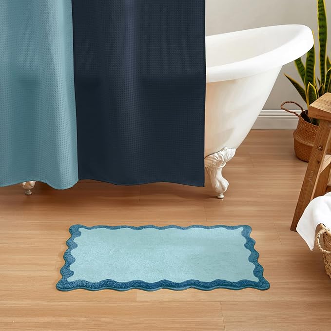 MONDAY MOOSE Bath Mat with Scalloped Wavy Ripple Design, Microfiber Absorbent Non Slip Tufted Rug for Floor, Shower or Kitchen (20x32 inch, Blue)