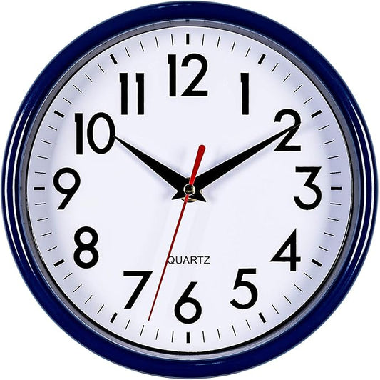 Bernhard Products Navy Blue Wall Clock 8" Silent Non-Ticking Quality Quartz Battery Operated Small Clock for Boys/Kitchen/Classroom/Office/Nursery Room Easy to Read