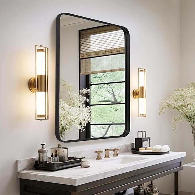 Wall Mirror 22" x 30" for Bathroom Black Metal Deep Frame Mirror for Wall Decorative Rectangular Round Corner Wall Mounted Vanity Mirror for Bedroom Entryway Living Room Wall Decor
