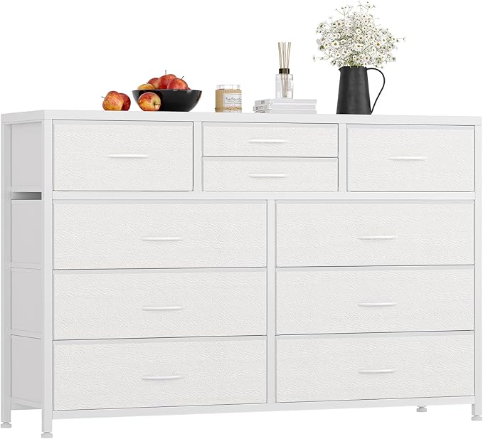 Jojoka Wide 10 Drawer Dresser,TV Stand Entertainment Center Fabric Storage Dressers Drawers for Bedroom, Hallway, Nursery, Closets, Steel Frame, Wood Top (White)