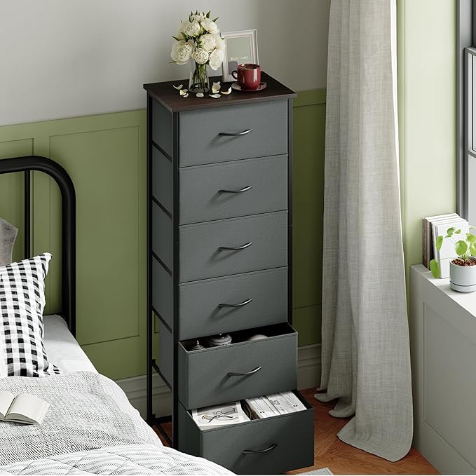 Somdot Tall Dresser for Bedroom with 6 Drawers and Side Pockets, Storage Organizer Chest of Drawers with Fabric Bins for Closet Bedside Nursery Living Room Entryway Hallway, Charcoal Grey
